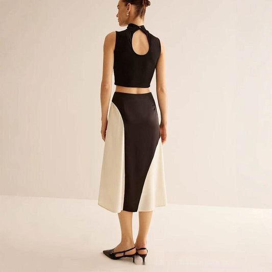 Color Contrast Patchwork Women's Skirt - Fresh Satin Asymmetric Design - Buy Center US
