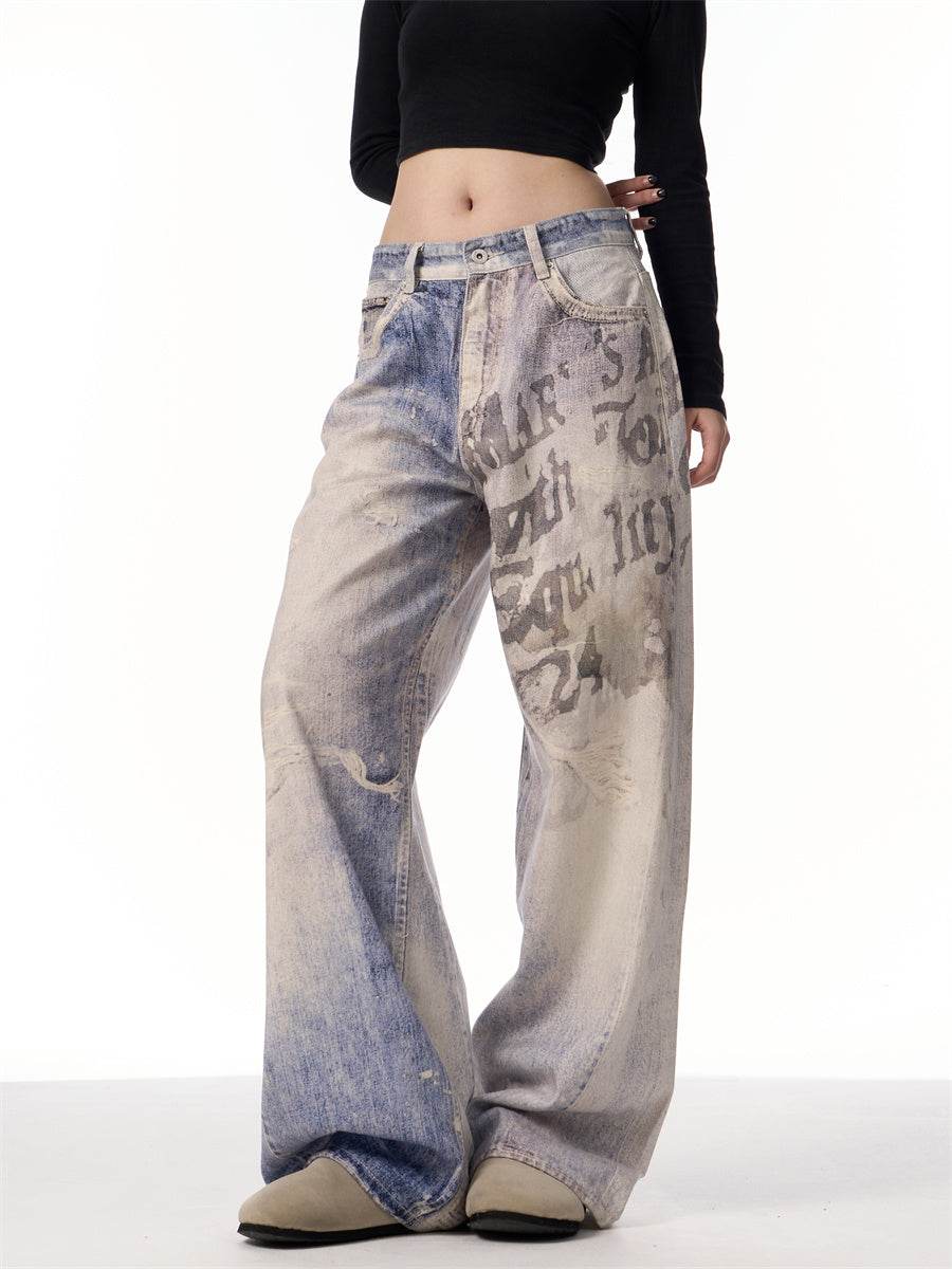 3D Printed Gradient Letter Jeans - Wide Leg Denim Pants for All Sizes - Buy Center US