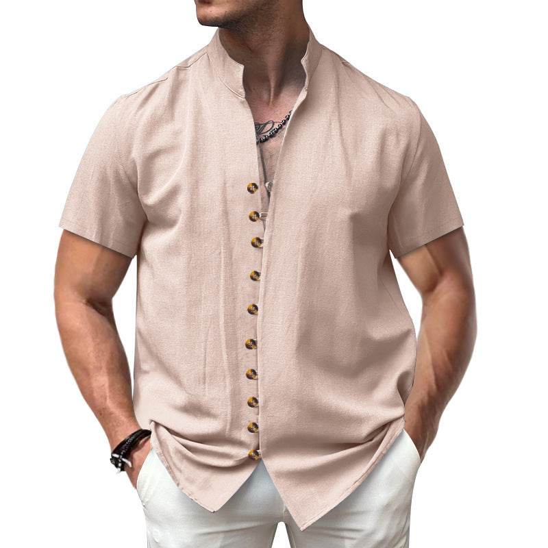 Buycenter Linen Button Stand Collar Shirt - Short Sleeve, Loose Fit - Buy Center US