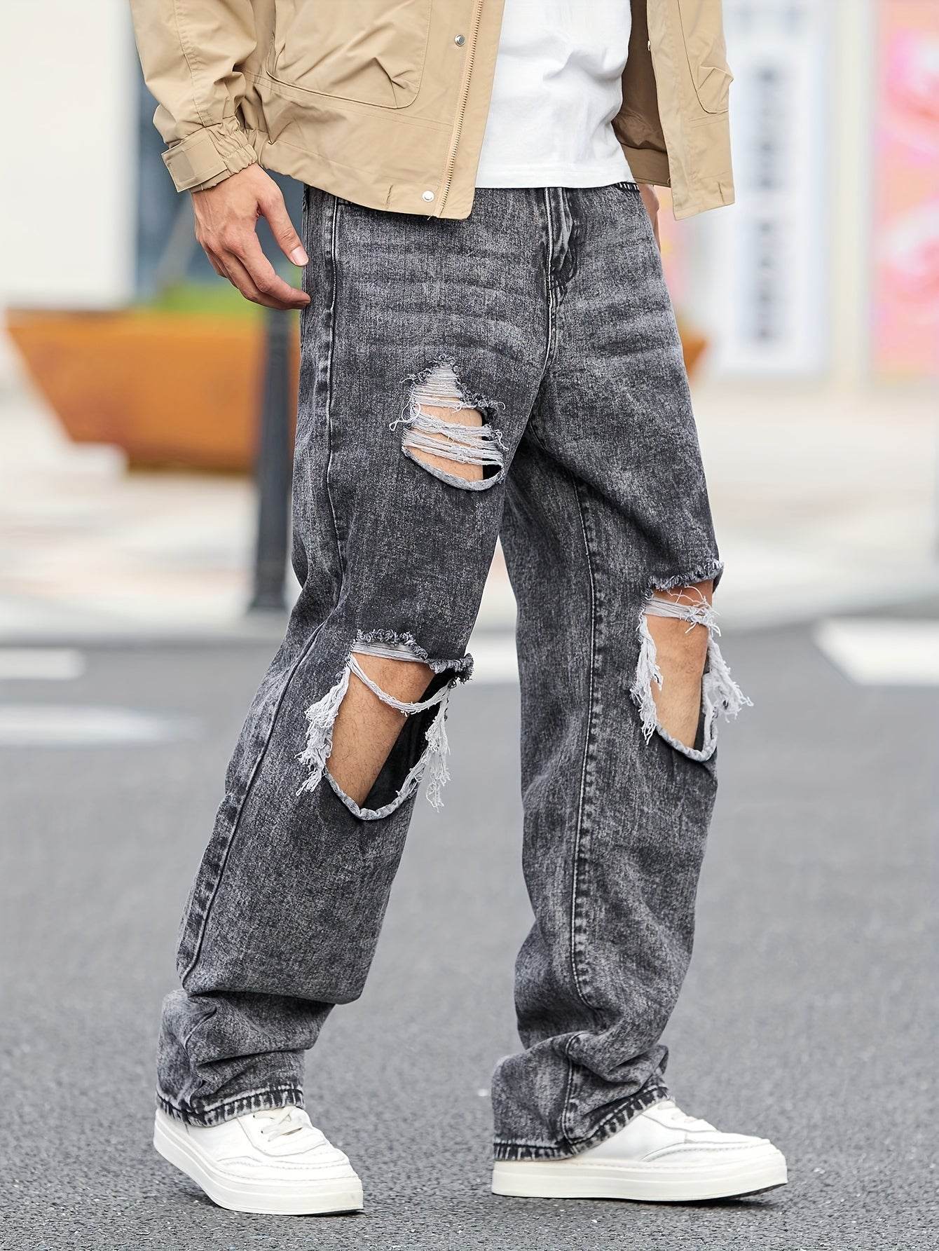 Men's Casual Wide-Leg Denim Jeans - Dark Grey Ripped Trousers, All-Season - Buy Center US