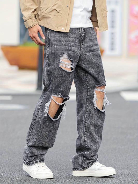 Men's Casual Wide-Leg Denim Jeans - Dark Grey Ripped Trousers, All-Season - Buy Center US