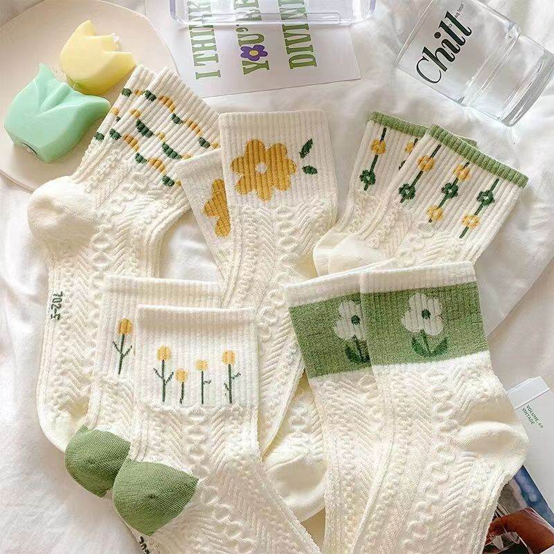 Cute Women's Summer Mid-Calf Socks - Flower & Stripe Patterns, 5 Pairs - Buy Center US