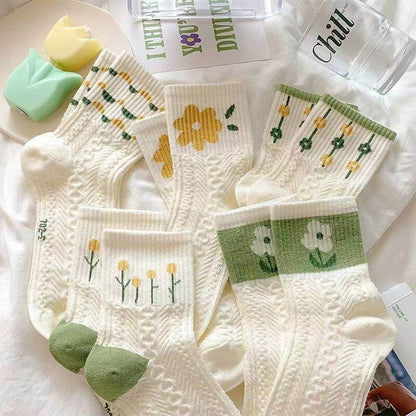 Cute Women's Summer Mid-Calf Socks - Flower & Stripe Patterns, 5 Pairs - Buy Center US