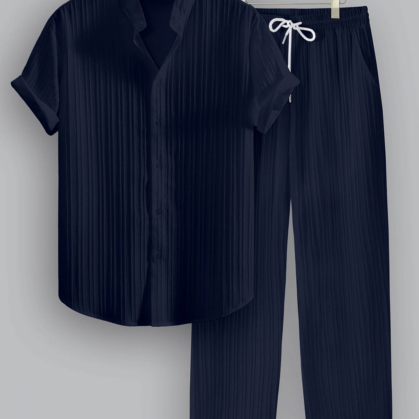 Men's Summer Casual Outfit Set - Striped Short Sleeve Shirt & Drawstring Pants - Buy Center US