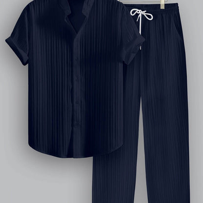 Men's Summer Casual Outfit Set - Striped Short Sleeve Shirt & Drawstring Pants - Buy Center US