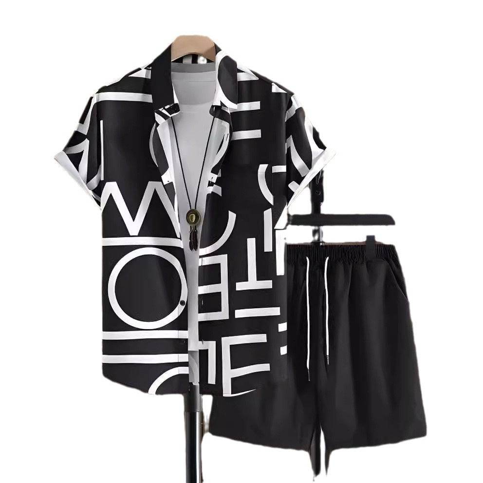 Buycenter Men’s Black and White Striped Hawaiian Shirt Set - Casual Summer Wear - Buy Center US