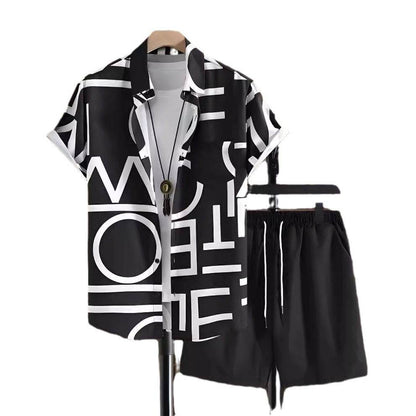 Buycenter Men’s Black and White Striped Hawaiian Shirt Set - Casual Summer Wear - Buy Center US