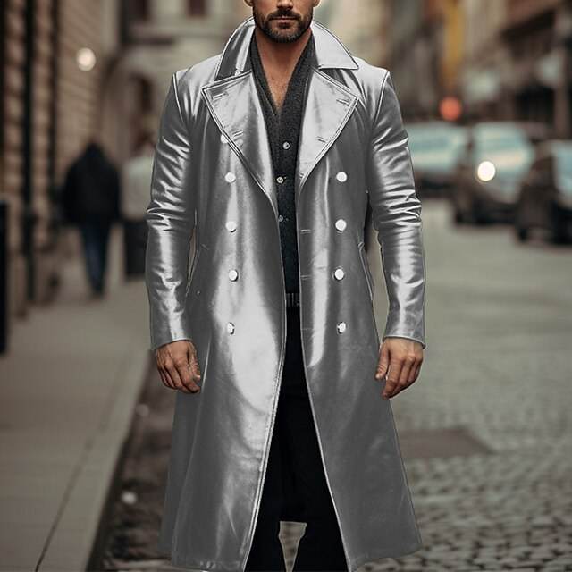 Buycenter Men's Double-Breasted Long Trench Coat - Leather Style & Sizes - Buy Center US