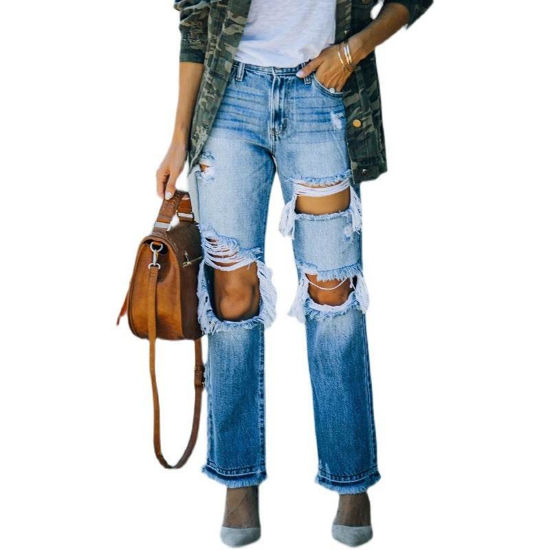 Ripped Foot Burr Straight Pants - Denim Blue Cotton - Casual Style - Buy Center US