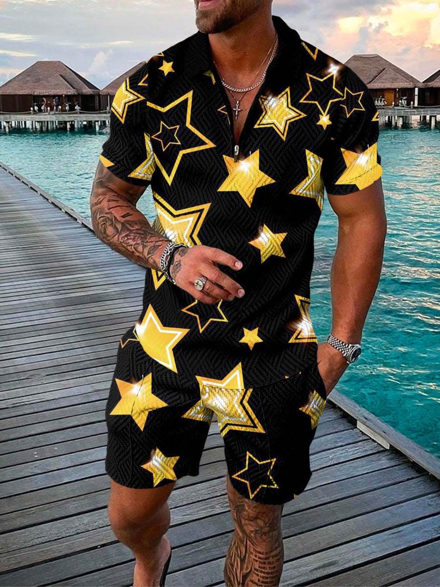 Men's 3D Printed Geometric Zip Lapel Shirt & Shorts Set - Summer Fashion - Buy Center US