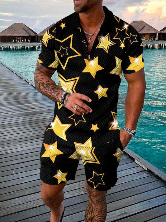 Men's 3D Printed Geometric Zip Lapel Shirt & Shorts Set - Summer Fashion - Buy Center US