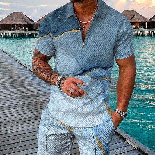Men's 3D Printed Geometric Shirt Set - Summer Fashion Zip Lapel Style - Buy Center US