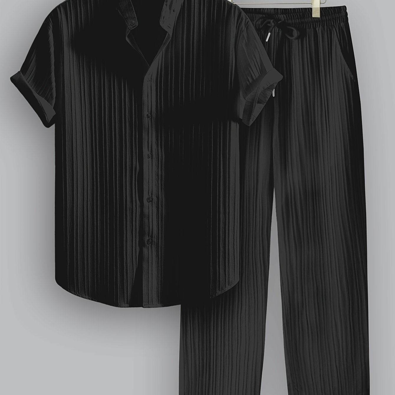 Men's Summer Casual Outfit Set - Striped Short Sleeve Shirt & Drawstring Pants - Buy Center US