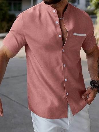 Men's Linen Contrast Color Short Sleeve Shirt - Casual Fit, Multiple Colors - Buy Center US