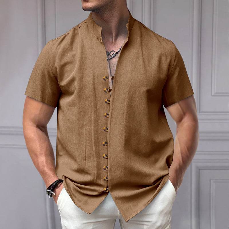 Buycenter Linen Button Stand Collar Shirt - Short Sleeve, Loose Fit - Buy Center US