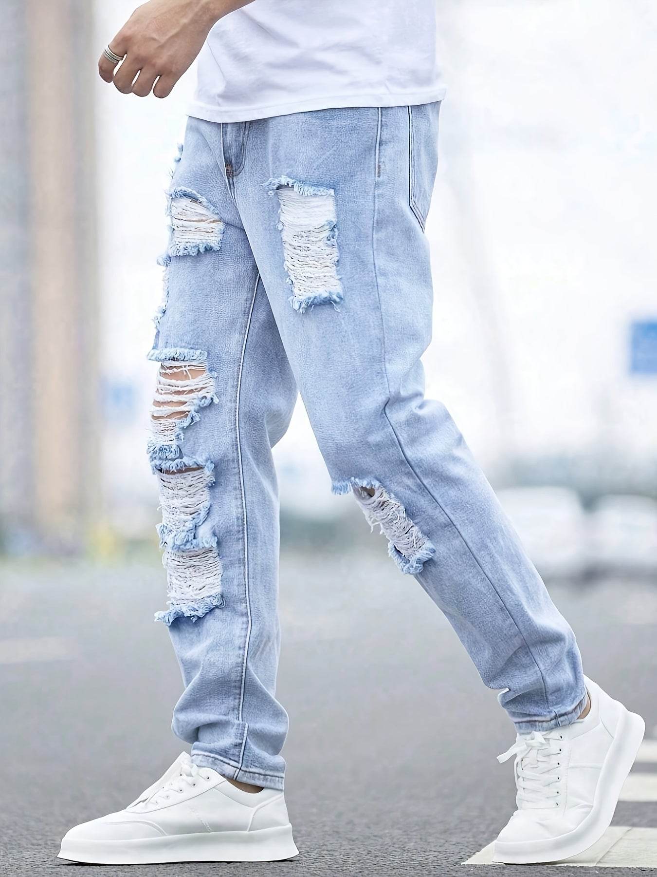 Men's Distressed Denim Jeans - Casual Ripped Light Blue Comfort Fit - Buy Center US