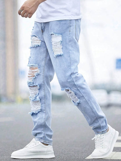 Men's Distressed Denim Jeans - Casual Ripped Light Blue Comfort Fit - Buy Center US