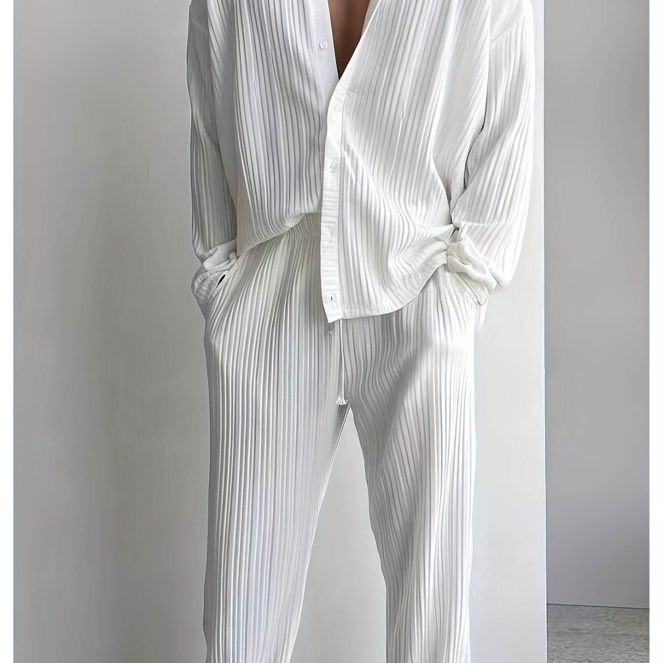 Men's Elegant Striped Button-Up Shirt & Pants Set - V-Neck Beach Attire - Buy Center US