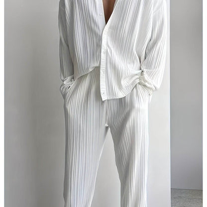 Men's Elegant Striped Button-Up Shirt & Pants Set - V-Neck Beach Attire - Buy Center US