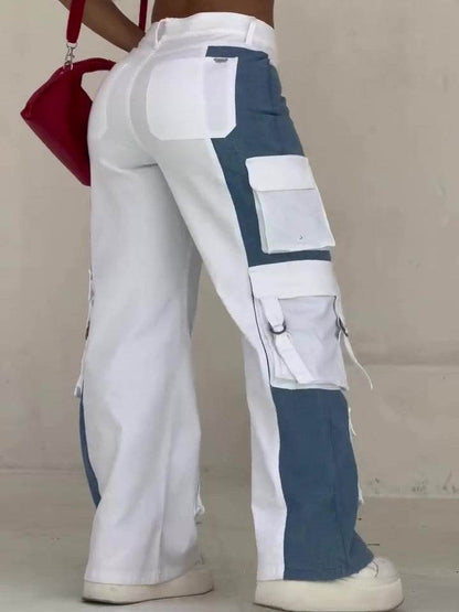 Elegant Contrast Pocket Cargo Jeans - Regular Fit, Patchwork Design - Buy Center US