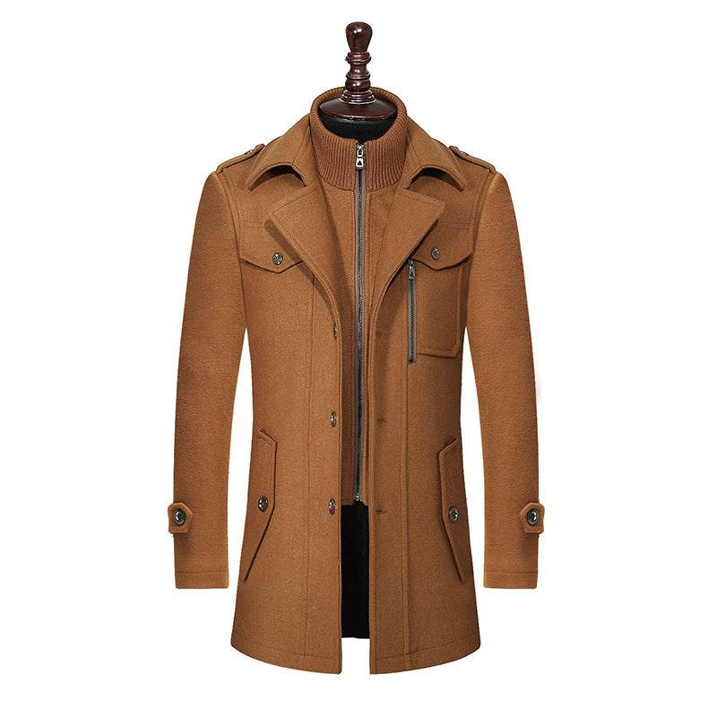 Buycenter Men's Woolen Coat - Double Collar, Standard Zipper Jacket - Buy Center US