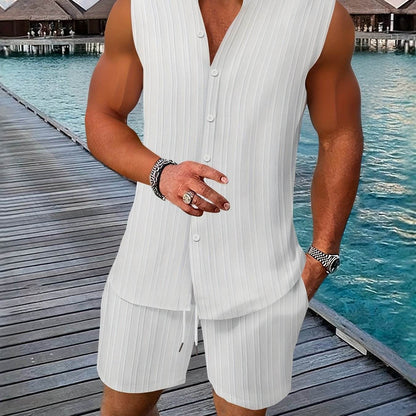 Summer Men's Casual Henley Neck Tank Top & Shorts Beach Set - Buy Center US