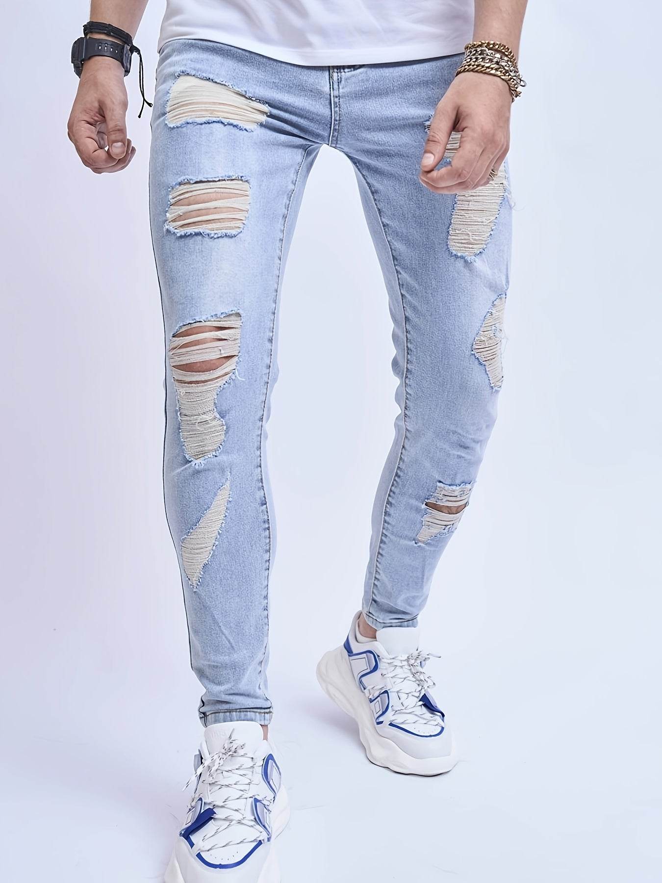 Men's Ripped Skinny Jeans - Medium Stretch Denim for Spring/Fall - Buy Center US
