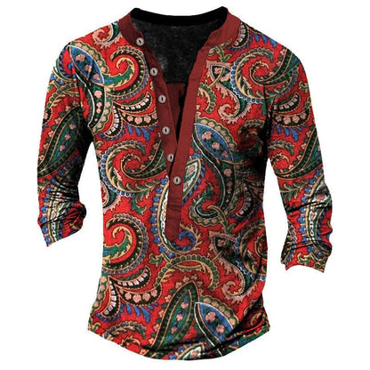 Printed Retro Fashion Casual Henry Neck T-shirt - Long Sleeves, Comfortable Fit - Buy Center US
