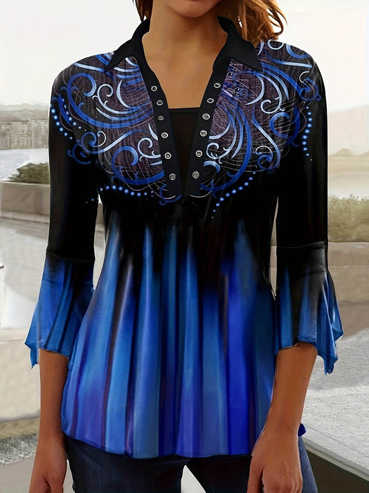 Stylish Blue Three-Quarter Sleeve T-Shirt with Irregular Cuff Button Design - Buy Center US