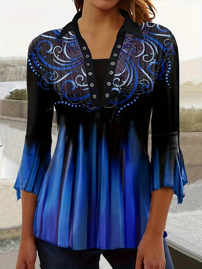 Stylish Blue Three-Quarter Sleeve T-Shirt with Irregular Cuff Button Design - Buy Center US