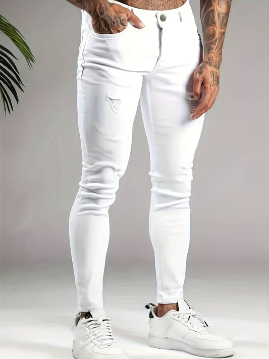 Trendy Men's Slim Fit White Jeans - Ripped Distressed Casual Denim - Buy Center US