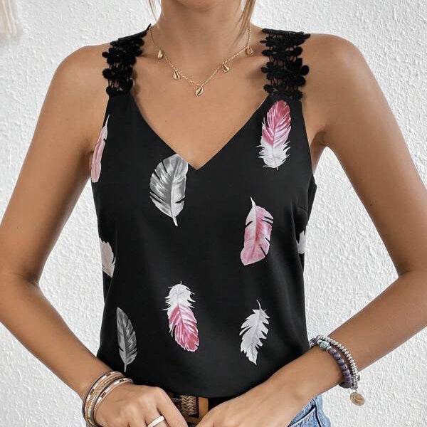 Women's Slimming V-neck Camisole - Feather Pattern Casual Summer Vest - Buy Center US