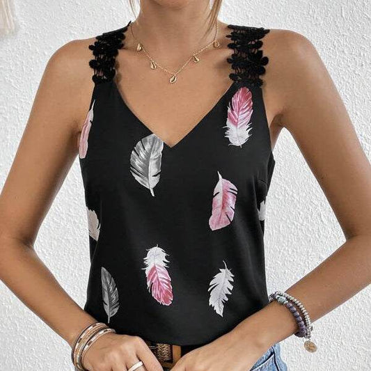 Women's Slimming V-neck Camisole - Feather Pattern Casual Summer Vest - Buy Center US