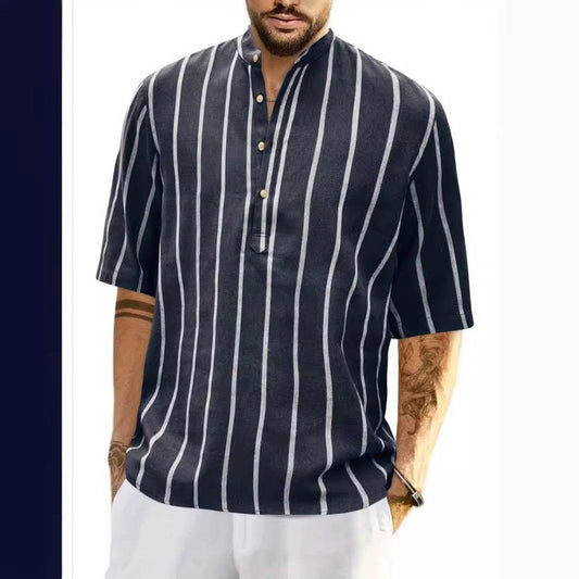 Casual Summer Men's Short Sleeve Shirt - Striped Linen in Various Colors - Buy Center US