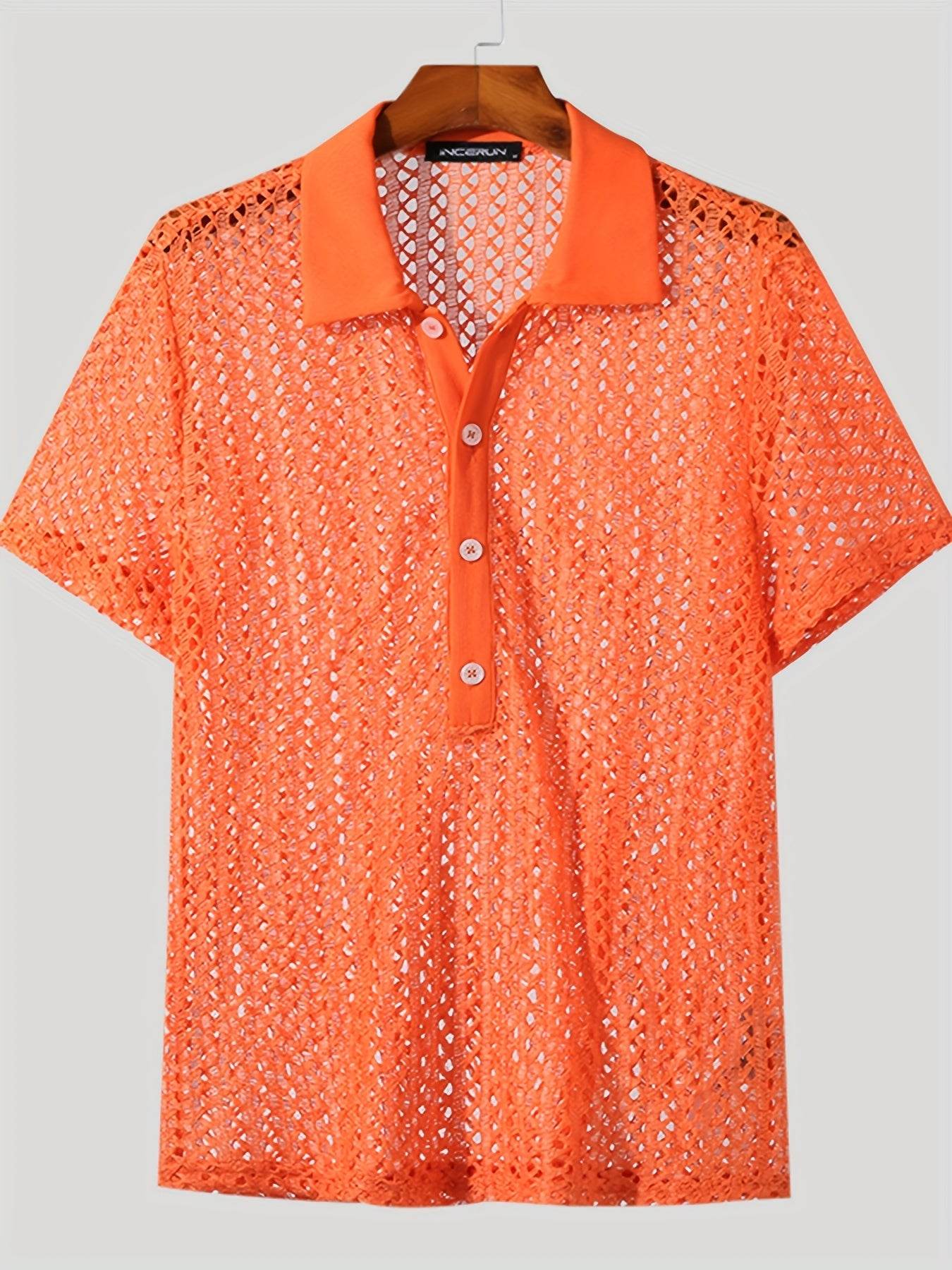 INCERUN Men's Bright Orange Mesh Shirt - Sheer Short Sleeve Collared Top - Buy Center US
