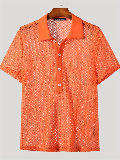 INCERUN Men's Bright Orange Mesh Shirt - Sheer Short Sleeve Collared Top - Buy Center US