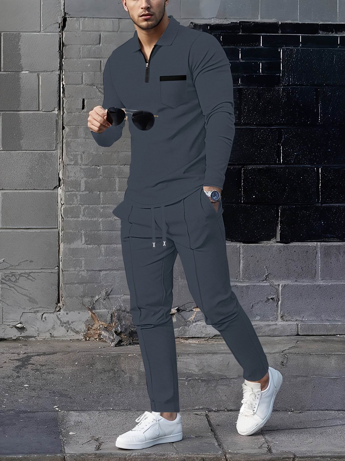 Men's Casual Long-Sleeve Pantsuit - Zipper Detail, Regular Fit, Polyester - Buy Center US