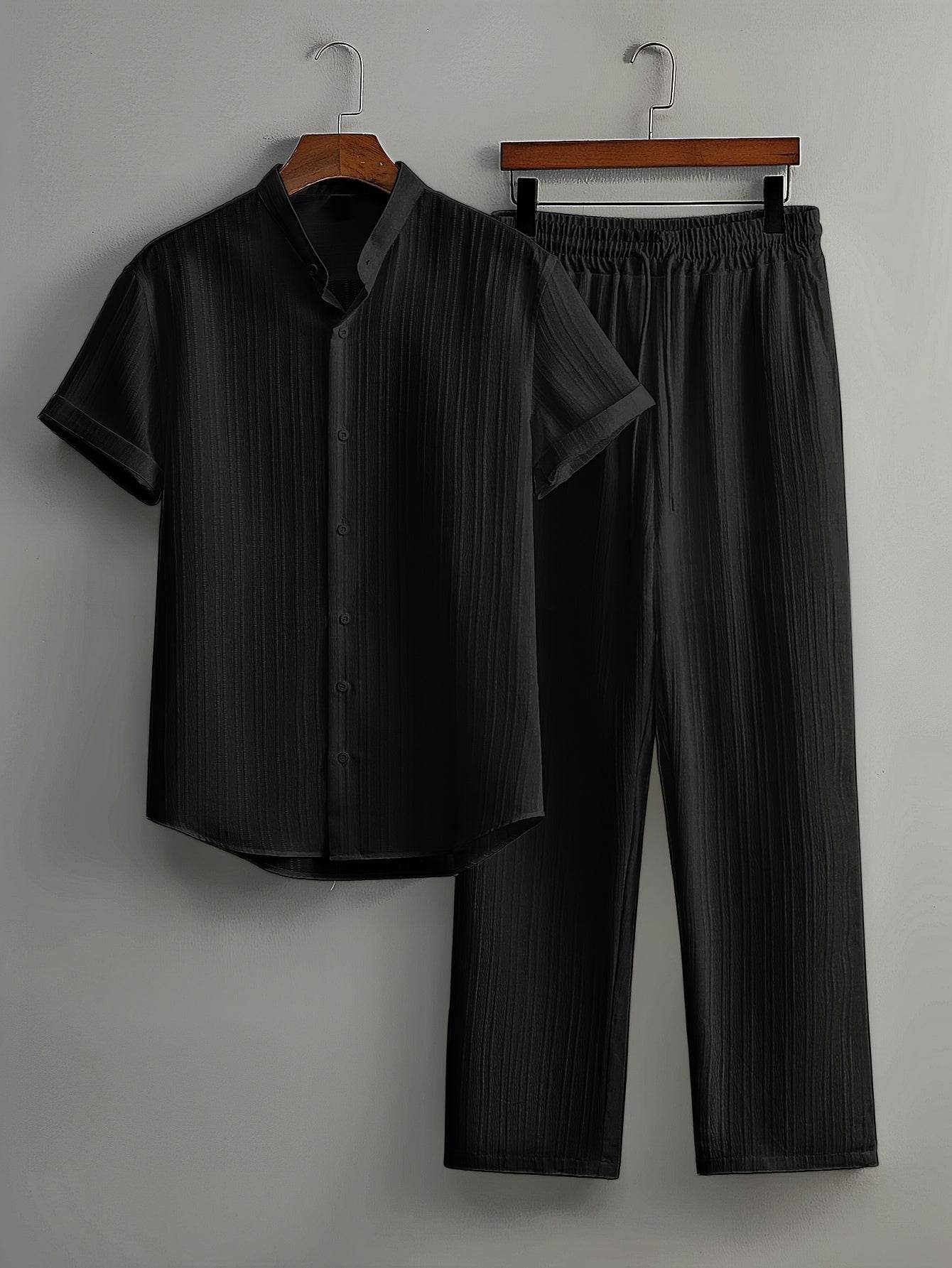 Men's Summer Striped Suit Set - Short Sleeve Shirt & Drawstring Pants - Buy Center US