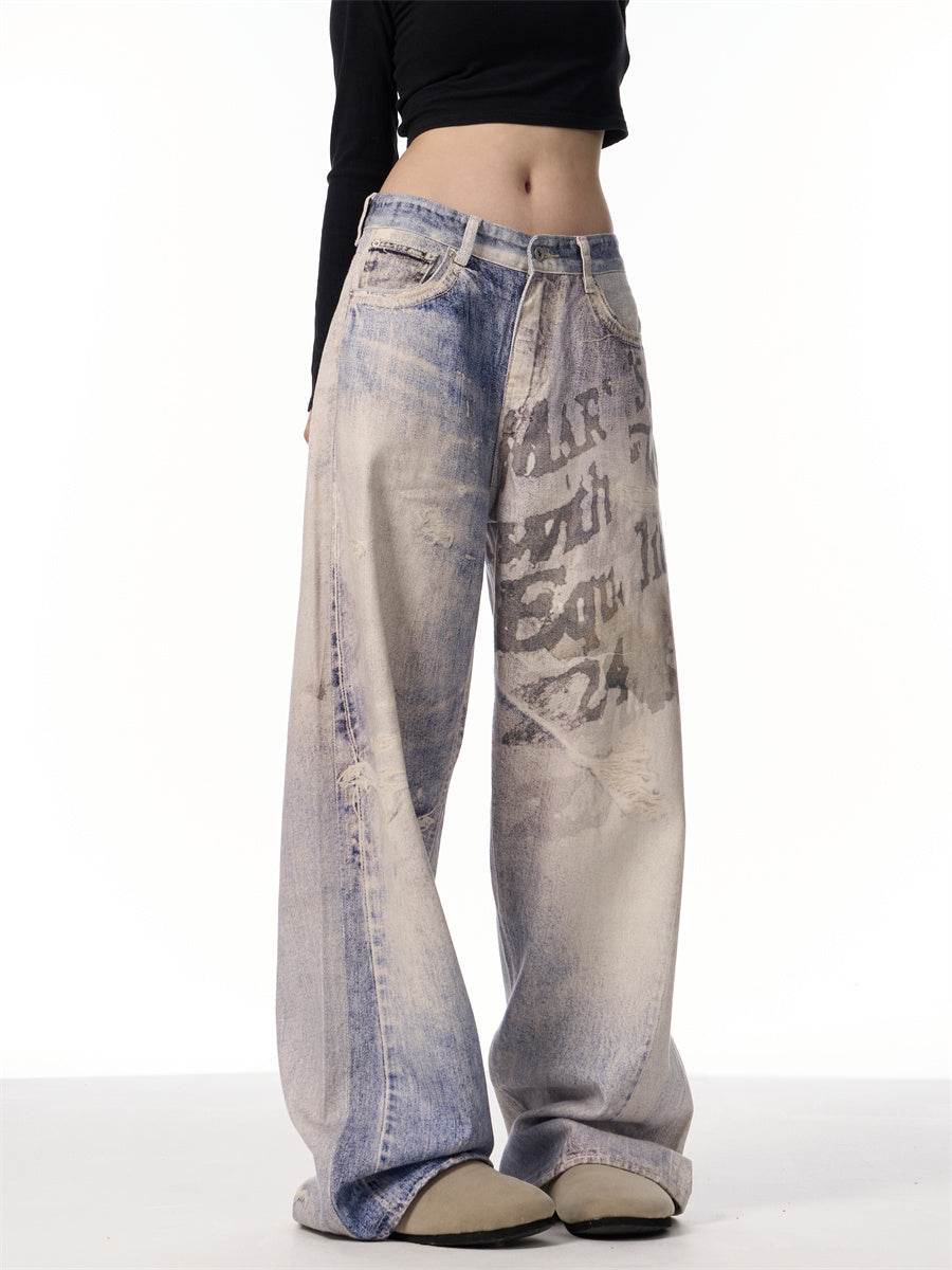 3D Printed Gradient Letter Jeans - Wide Leg Denim Pants for All Sizes - Buy Center US