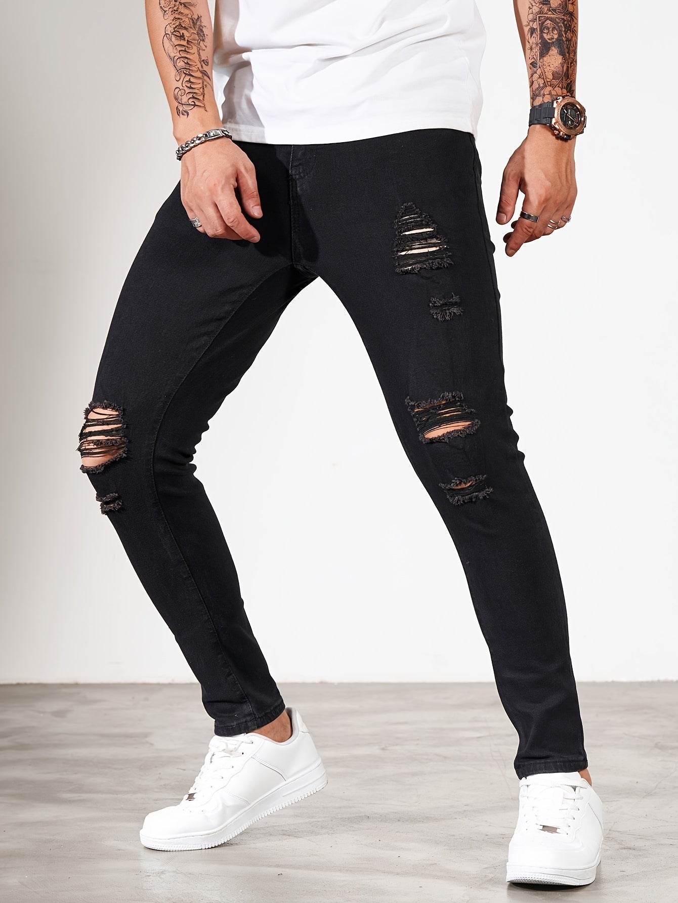 Men's Ripped Skinny Jeans - Stretch Denim Casual Wear | Distressed White/Black - Buy Center US