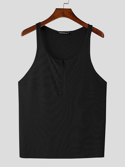 Men's Slim Fit Zip-Up Tank Top - Casual White Vest with Ribbed Texture - Buy Center US