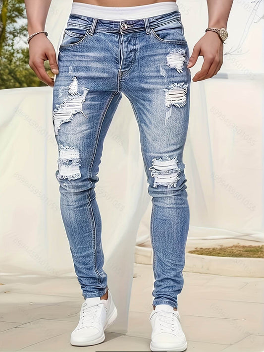 Men's Slim Fit Ripped Jeans - Distressed Medium Stretch Street Style - Buy Center US