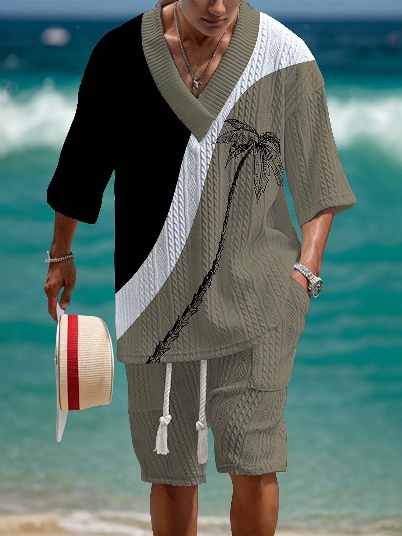 Men's Casual Knit Sweater Set - V-Neck & Drawstring Shorts in Black/Olive - Buy Center US