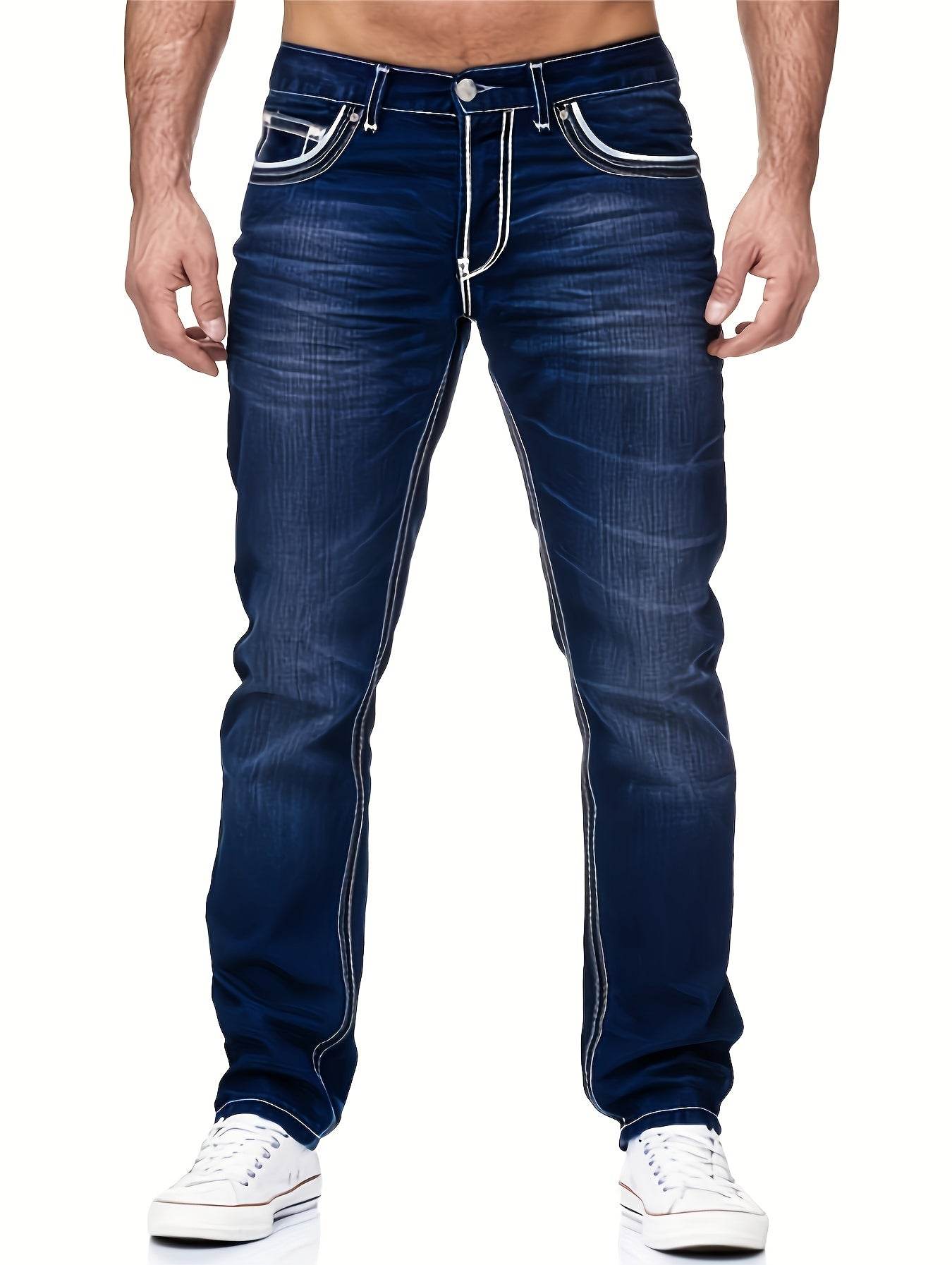 Men's Slim-Fit Stretch Denim Jeans - Embroidered Pocket in Dark Blue - Buy Center US