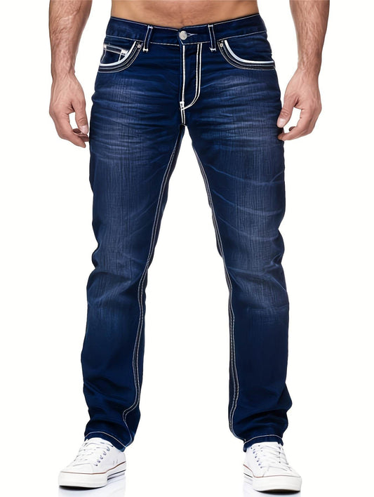 Men's Slim-Fit Stretch Denim Jeans - Embroidered Pocket in Dark Blue - Buy Center US