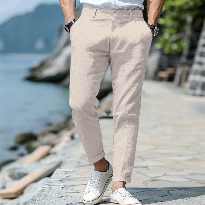 Men's Linen Summer Trousers - Button Front, Slant Pockets, Straight-Leg - Buy Center US