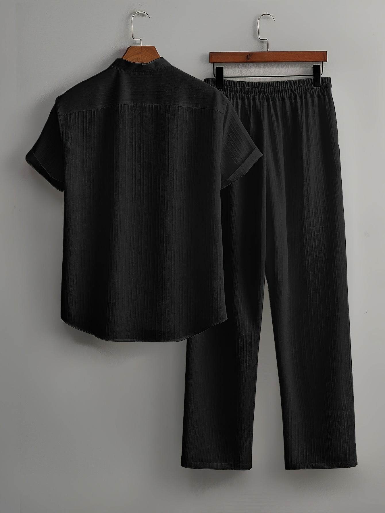 Men's Summer Striped Suit Set - Short Sleeve Shirt & Drawstring Pants - Buy Center US
