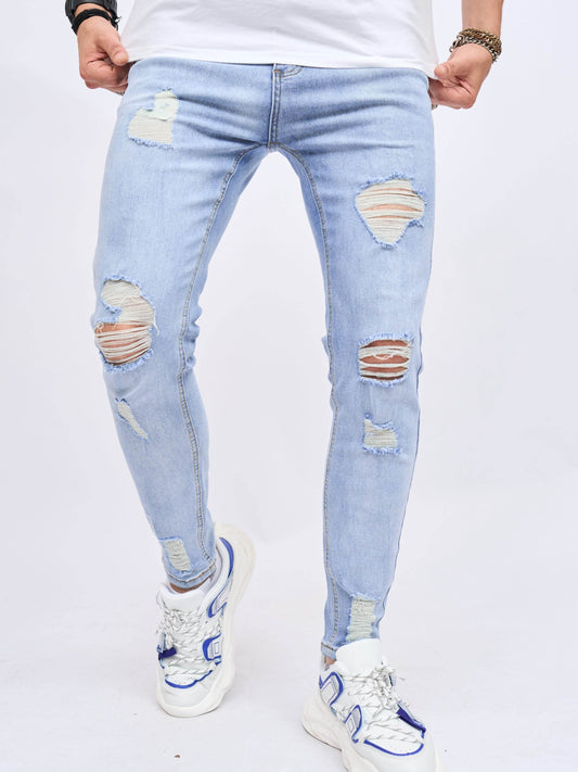 Men's Cotton Blend Distressed Jeans - Chic Slim Fit for All Seasons - Buy Center US