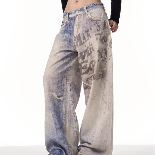 3D Printed Gradient Letter Jeans - Wide Leg Denim Pants for All Sizes - Buy Center US