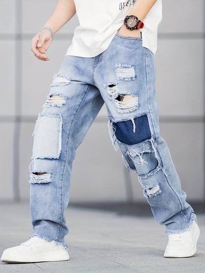 Durable Men's Casual Ripped Jeans - Loose Fit, All-Season Denim Wear - Buy Center US